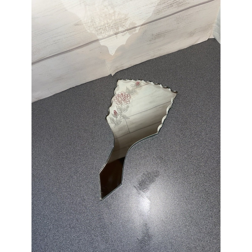 Vintage Frameless Art Deco Hand Mirror ~‎ Beveled Edge Rose Etching Regency
